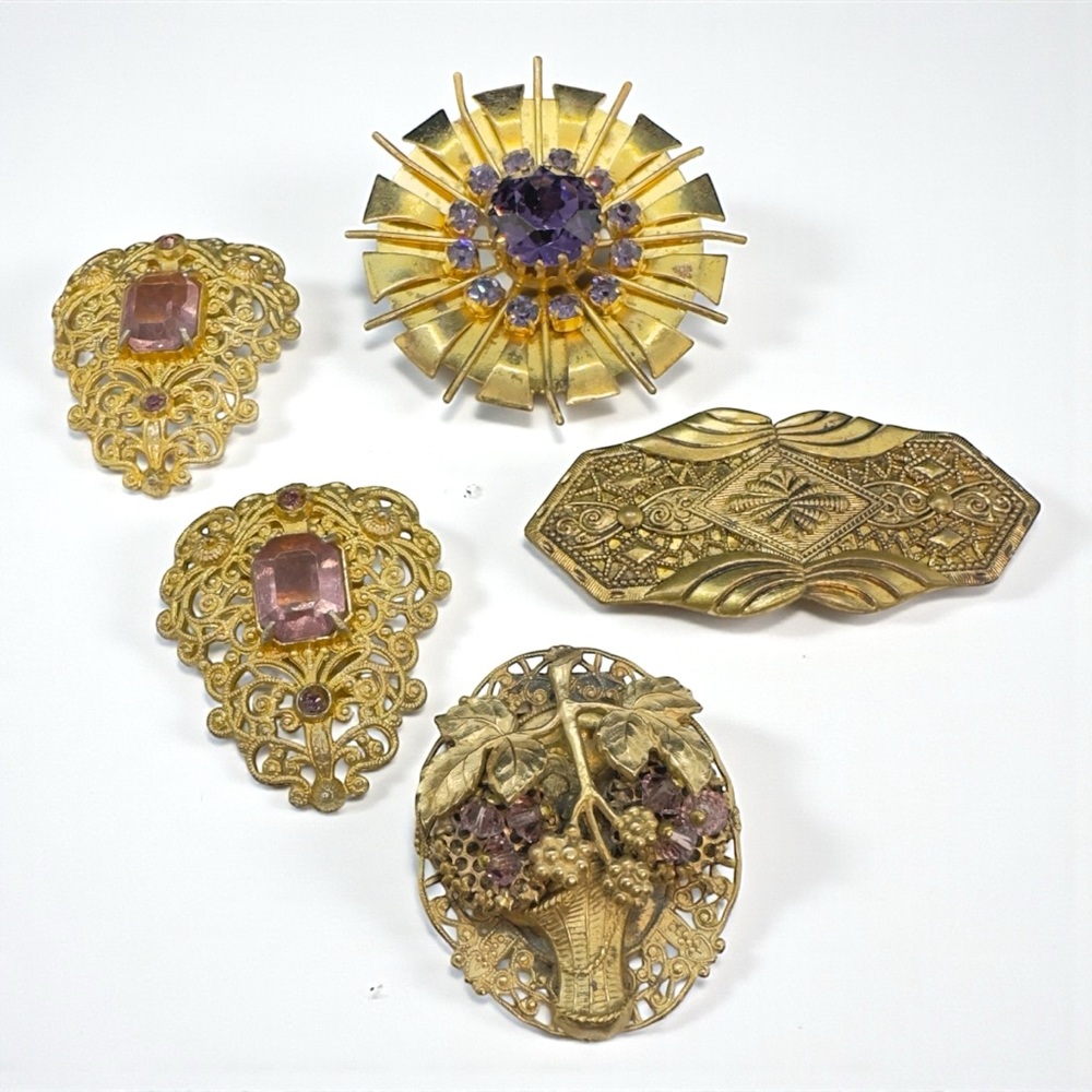 Vintage Jeweled W. Germany Brooch, Czech Dress Clips & Sash Buckle Jewelry Lot